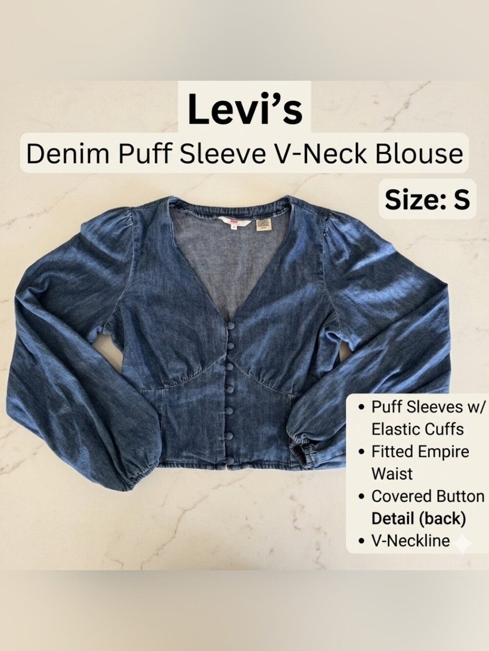 Levi's Denim Puff Sleeve Top V-Neck Fitted Waist Button Blouse Sz S